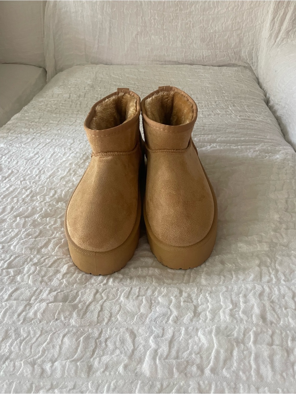 SHEIN Tan Suede Platform Ankle Booties with Faux Fur